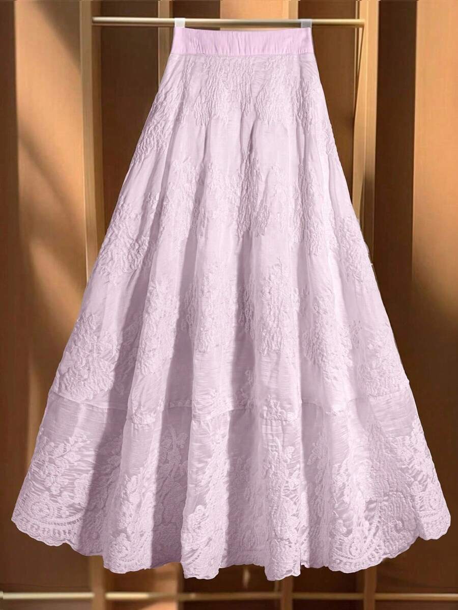 SHEIN Clasi 女士优雅纯色花卉刺绣喇叭裙 - 淡紫色 - 查看 1