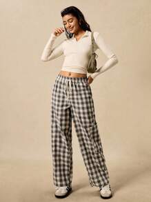 Easelle Casual Retro Plaid Loose Pocket Elastic Waist Women's Pants Gingham Pants Checkered Pants Plaid Pants Women Pants Loungewear Pants