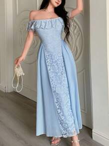 Modelyn Damen Chiffon Kleid mit Spitzeneinsätzen, carmen-Ausschnitt und geschmückter Taille für den Sommer