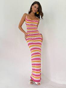 Aloruh Hot Summer Sleeveless Beaded Draped Neck Form-Fitting Backless Contrast Color Knitted Dress For Women - Multicolor - View 3