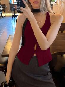 Women Plain Bow Decor Sleeveless Casual Tank Top - Red - View 2