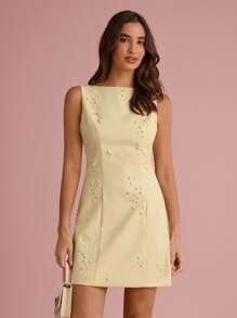 Enchnt 夏/秋浪漫女士奶油黄精致仿珍珠装饰无袖可爱迷你连衣裙，甜美优雅，适合度假、约会、节日、生日、派对、毕业典礼、婚礼宾客、办公室和外出，舞会礼服，女士夏装，女士太阳裙，夏装，女士夏装，返校 - 黃色 - 查看 5