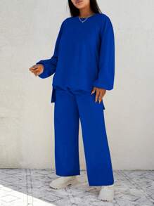 EURMUSE Plus Size Solid Color Asymmetrical Hem Top And Loose Pants 2pcs/Set - Navy Blue - View 5