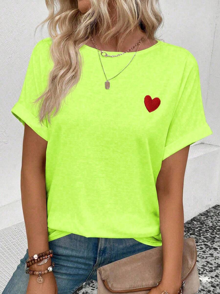 SHEIN LUNE Áo thun tay cánh dơi thêu hình trái tim giản dị, mùa hè - màu xanh lá - Xem 1