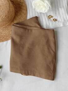 Comfortcana Falda mini de lino informal de cintura baja y corte evasé de unicolor para el verano, para mujer - Camel - Ver 5