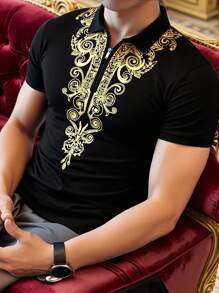 Manfinity Homme Men's Floral Print Short Sleeve Casual Polo Shirt, Summer Gold Print T Shirt Men Luxury T Shirt Men Black And Gold T Shirt Men Designer T Shirts For Men