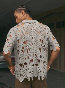 AXEPEAK Áo thun dệt kim tay ngắn khoét lỗ ngọc trai giả màu trơn cho nam - Màu Xám nhạt - Xem 2