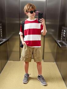 SHEIN Tween Boy's Striped Round Neck Short Sleeve T-Shirt And Shorts Set, Korean Style - Burgundy - View 2