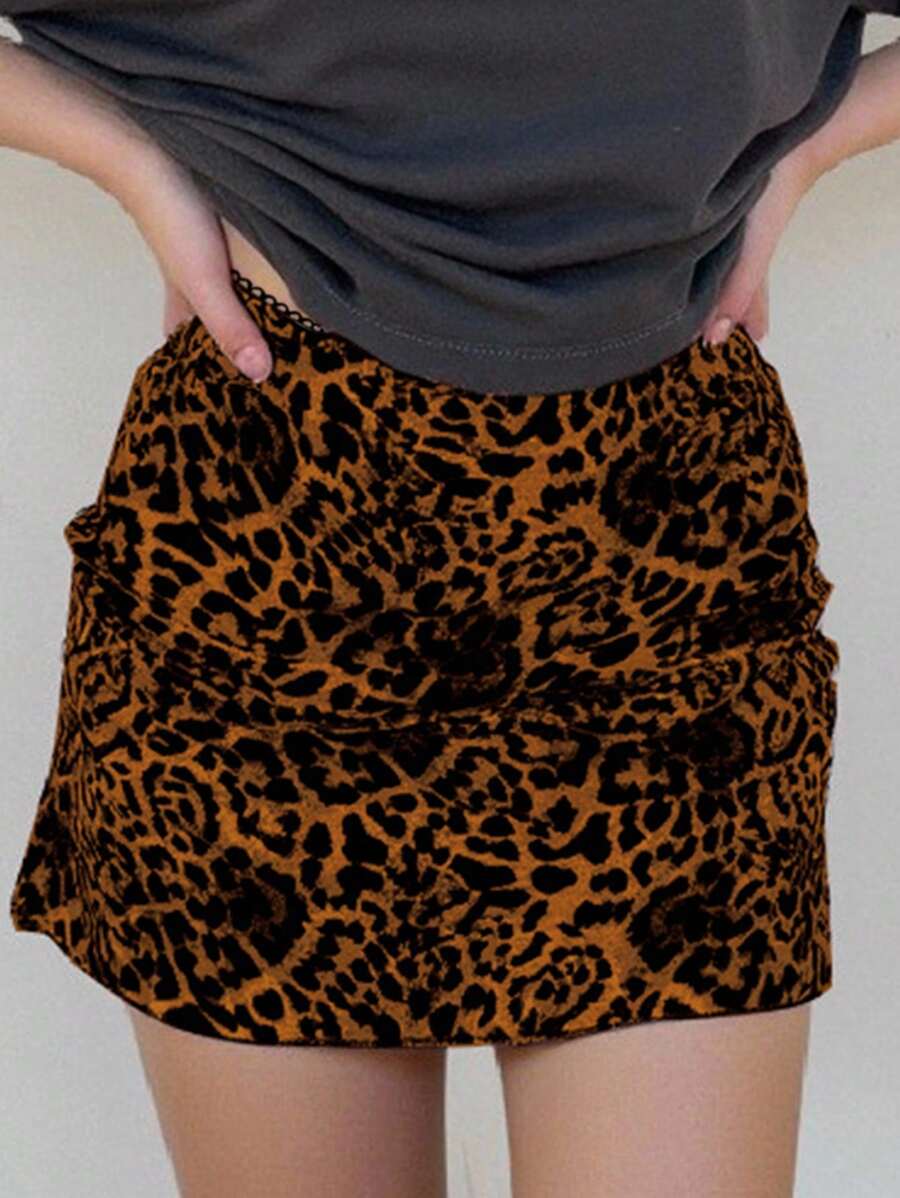 INAWLY Women Leopard Print Bodycon Fitted Mini Skirt - Brown - View 1
