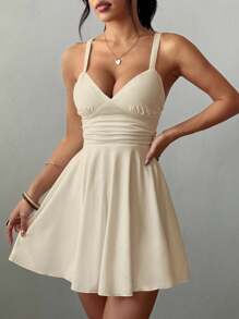 Breezaya 女式 V 领褶饰腰部 A 字型性感优雅无袖迷你连衣裙 - 杏色 - 查看 5