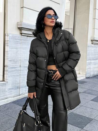 EURMUSE Women, Winter, Ski, Snow, Black, Hood, Pocket, Zipper, Contrast Fur, Midi Lenght, Lightweight, Keep Warm