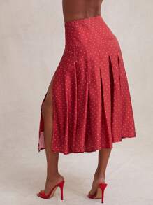 NYA SZN Skirt Print Polka Dot Minimal Pleated Midi Summer Spring Length Skirt, Office Casual Brunch Cowboy Modest Elegant Festival Fashions Church Outfits For Women - Red - View 2
