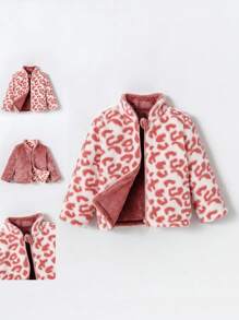 SHEIN Toddler/Newborn Baby Girl 0-3Y Casual Winter Leopard Print + Solid Pink Fluffy Reversible Mock Neck Jacket Fall