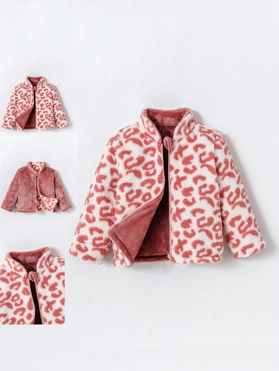 SHEIN Toddler/Newborn Baby Girl 0-3Y Casual Winter Leopard Print + Solid Pink Fluffy Reversible Mock Neck Jacket Fall