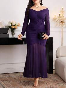 Modelyn Elegant Plus Size Solid Color Off Shoulder Ruched Fitted Dress - Purple - View 6