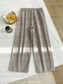 Comfortcana 棉麻纹理条纹系带腰部舒适休闲大码裤子 - 彩色 - 查看 2