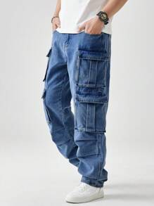 Chillumni Stylish Men's Casual Denim Cargo Jeans. These Long Light Wash Baggy Fit Wide Leg Pants Offer Ultimate Comfort And Ample Storage For Everyday Outings. - Light Wash - View 6