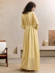 Aveloria Women's Chiffon Splicing Lace Round Neck Pleated Design Waist Warm Yellow Long Dress Elegant Romantic Date Autumn Women's Elegant Dress Women's Simple Dress Beach Outfits For Woman Vacation Outfits Woman Dresses For Women Elegant Country Concert Outfit Fall Cloth For Women - Olive Green - View 3