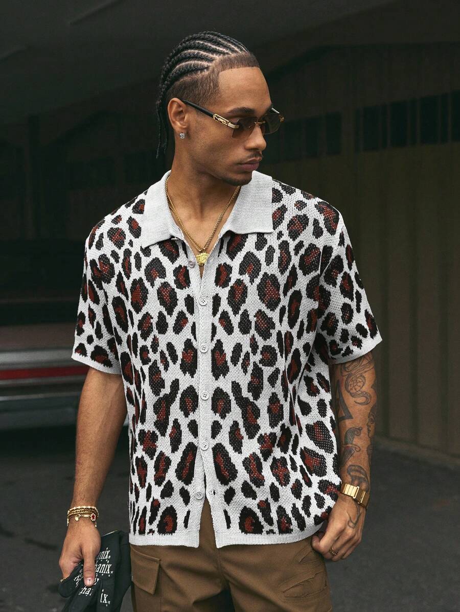 AXEPEAK 时尚街头潮流男士宽松短袖针织衬衫 - 彩色 - 查看 1