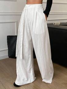 Livesso Women's Pleated Loose Tie-Front Wide Leg Pants, Casual City Style