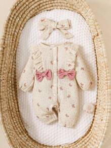 SHEIN Newborn Baby Girl Cute Bow Print Cotton Comfortable Princess Jumpsuit, Spring & Autumn Fall Winter