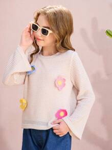 Set de 2 piezas de niña preadolescente con blusa de manga larga con volantes y flores de ganchillo, y pantalones cortos de jean - Albaricoque - Ver 3