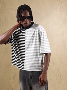 SUMWON T-shirt oversize à manches courtes, col rond, en jersey, avec design de blocs de couleurs et rayures. streetwear et urbaine. Motif fendu, essentiel casual pour toutes les saisons - Multicolore - Voir 1