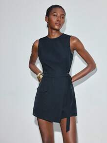 Maija Plain Navy Blue Short Jumpsuit With Classic Round Neck And Modern Casual Style Dark Blue Dress Mini Dress Sleeveless Dress - Navy Blue - View 7