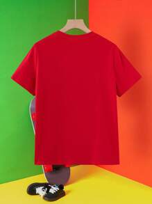 LOONEY TUNES X SHEIN 青少年男孩卡通猫咪印花圆领短袖 T 恤，夏季 - 紅色 - 查看 2