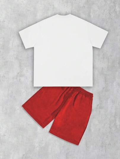 Street Life Conjunto de camiseta y pantalones cortos con estampado, estilo callejero retro punk para hombres, de talla grande y holgada