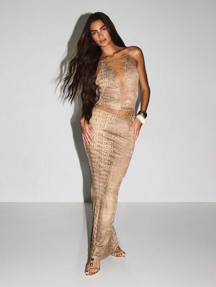 KIZN Metallic Pattern Maxi Dress With Lace Up Detail