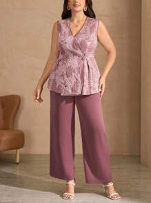 SHEIN Clasi Plus Size Women Summer Elegant Jacquard Vest & Long Pants 2 Pieces Set - Dusty Pink - View 4
