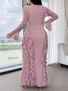 Feyla Vestido de mujer de color liso elegante con manga abullonada con volante - Rosa - Ver 3