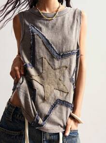 Bohemela Vintage American Style Knitted Patchwork Five-Pointed Star Embroidered Pattern Loose Wash Sleeveless Tank Top For Women Western Tops Patchwork Top Star Top Free People Graphic Tee