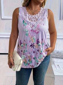 EMERY ROSE Plus Size Floral Print Round Neck Ruffle Patchwork Sleeveless Casual Tank Top For Women - Multicolor - View 1