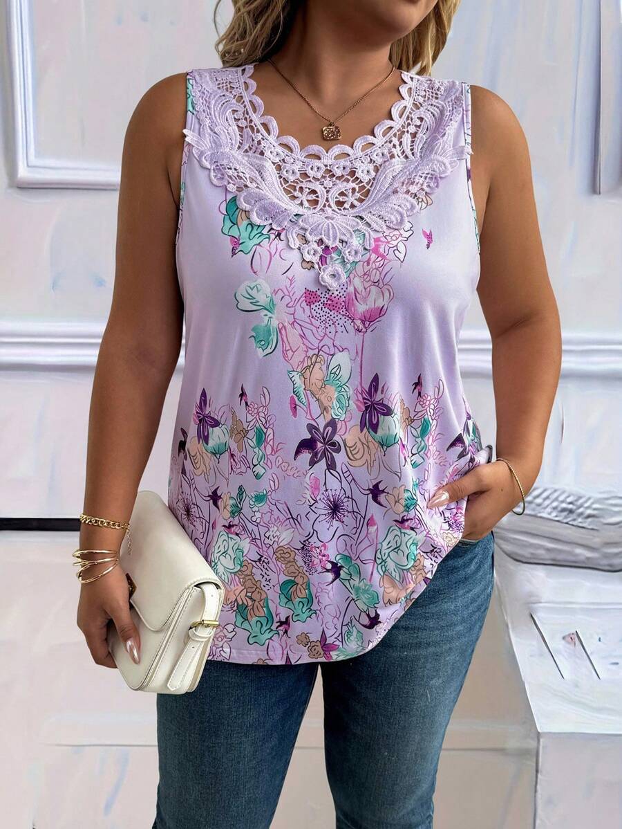 EMERY ROSE Plus Size Floral Print Round Neck Ruffle Patchwork Sleeveless Casual Tank Top For Women - Multicolor - View 1