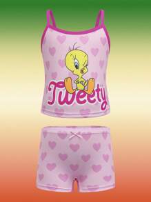 LOONEY TUNES X SHEIN 少女 4 条装卡通印花吊带背心和宽松内裤套装