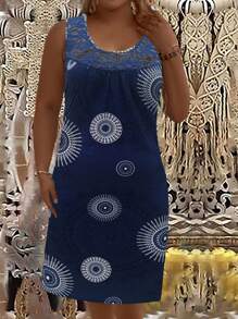 EMERY ROSE Vestido de verano informal de talla grande para mujer con cuello redondo, sin mangas, tirantes anchos y patchwork de encaje