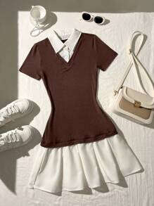 Elamini 女士撞色短袖衬衫领休闲短裙，夏季