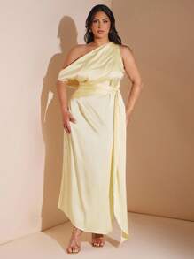 SHEIN BAE Plus Size Butter Yellow Summer Elegant Modest Formal Asymmetric Neck Long Satin Dress For Women,Wedding Guest Bridesmaid Birthday Brunch Vacation - Yellow - View 2