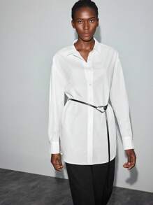 Maija Women Solid Color Drop Shoulder Single-Breasted Casual Office Shirt Women's Work Corporate White Oversized Shirt For Women's Work, Fall Women Clothes - White - View 4