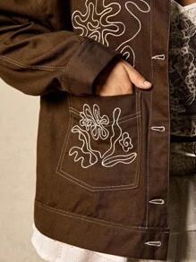 Easelle 女装春夏复古休闲波西米亚风欧美女孩个性时尚前卫现代街头重工抽象图案刺绣棉质翻领宽松棕色谷仓夹克秋冬 - 棕色 - 查看 9