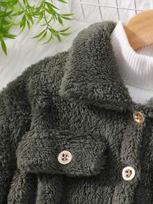Solid Color Long Sleeve Collar Faux Fur Jacket For Tween Girl Fall Winter - Army Green - View 6