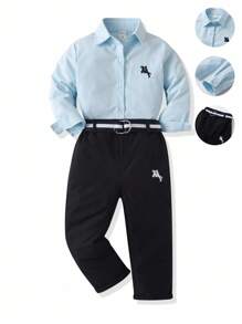 SHEIN 2 件套年轻男孩休闲简约骑士刺绣长袖衬衫和裤子绅士装 - 淺藍色 - 查看 9