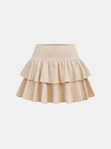 SHEIN Girlism 少女黑色多层荷叶边下摆迷你裙，内搭短裤，休闲、运动、学院风、返校风，适合春夏季 - 杏色 - 查看 7