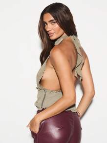 KIZN Blusa corta con volantes y cierre delantero de corbata, top halter de gasa bohemio para verano, festival, espalda descubierta, sin mangas, elegante para playa y resort - Verde Oscuro - Ver 2