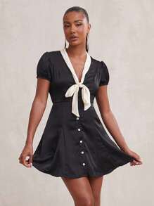 NYA SZN Black And Cream Summer 1960s Vintage Tea Party Dress,Short Sleeve V Neck Satin Mini For Women,Casual Business Office Wedding Guest Bridal Vacation - Black - View 1