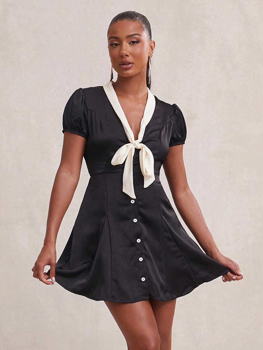 NYA SZN Black And Cream Summer 1960s Vintage Tea Party Dress,Short Sleeve V Neck Satin Mini For Women,Casual Business Office Wedding Guest Bridal Vacation - Black - View 1