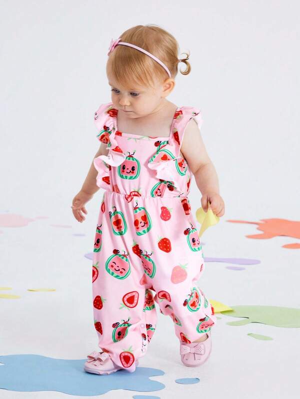 CoComelon X SHEIN Macacão Fofo para Bebê Menina com Estampa de Melancia e Morango, Doce e Refrescante para o Verão