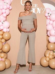 Loomaby Bộ 2 món áo và quần dài cổ tròn màu trơn thanh lịch cho bà bầu - Màu Khaki - Xem 4